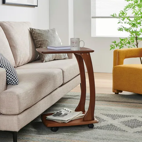 Vista 2 de COZYMATIC Emerson - Mesa auxiliar de madera maciza con ruedas giratorias, mesa auxiliar en forma de C, mesa de bandeja de TV, mesa de sofá que se