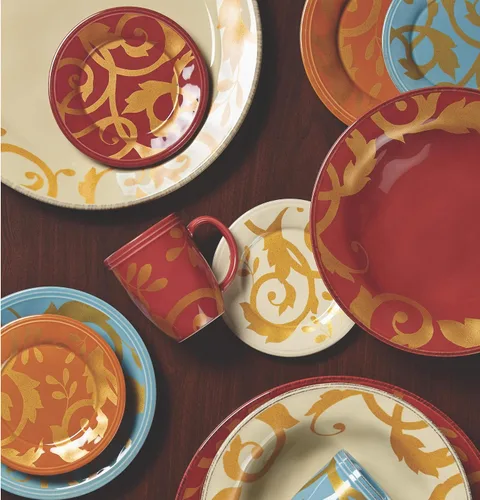 Vista 2 de Rachael Ray Vajilla Gold Scroll - Cuenco redondo de 10 pulgadas, crema de almendras