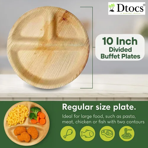 Vista 5 de Dtocs Platos de 3 Compartimentos (50 Pzas) Hoja de Palma Redondos de 10 Pulgadas Control de Porciones Platos Seccionales de Buffet Platos de Bambú