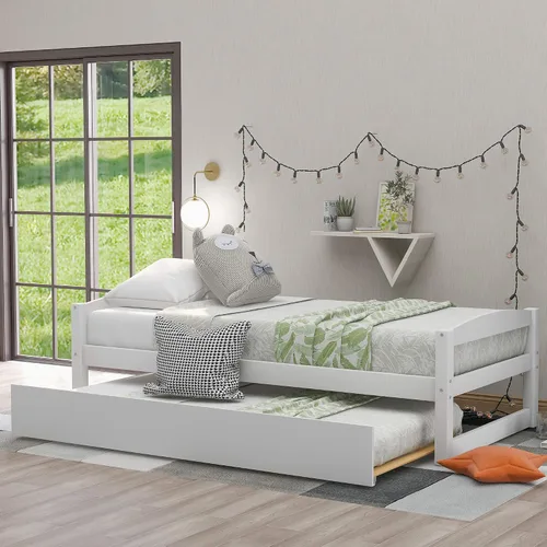 Vista 17 de Merax Cama clásica de día de madera maciza con cajones de almacenamiento, cama de plataforma para sala de estar, tamaño individual, gris