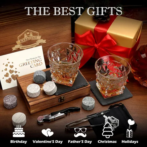 Vista 4 de Juego de regalo de piedras de whisky, juego de 2 vasos de whisky, rocas de whisky de granito, juego de caja de whisky escocés, el mejor regalo