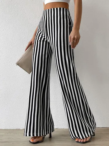 Vista 4 de WDIRARA Pantalones largos elegantes de cintura alta para mujer con pierna acampanada y rayas verticales