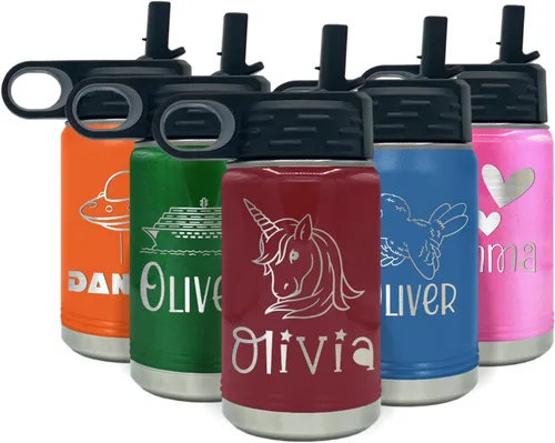 Vista 11 de Botella de agua para niños personalizada con nombre en botella de agua aislada con anillo verde mate de 12 onzas