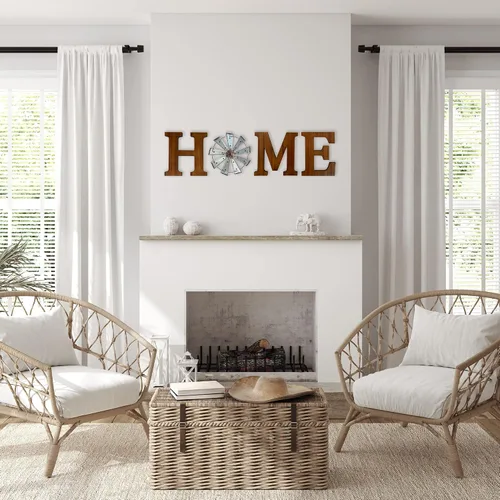 Vista 6 de BTD - Letrero rústico para el hogar, letras grandes de madera de nogal con decoración de molino de viento de metal