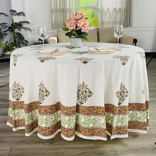 Vista 32 de Mantel redondo con estampado de bloque a mano, 100% algodón, reutilizable, turquesa, verde musgo, 90 pulgadas, mantel decorativo para uso diario