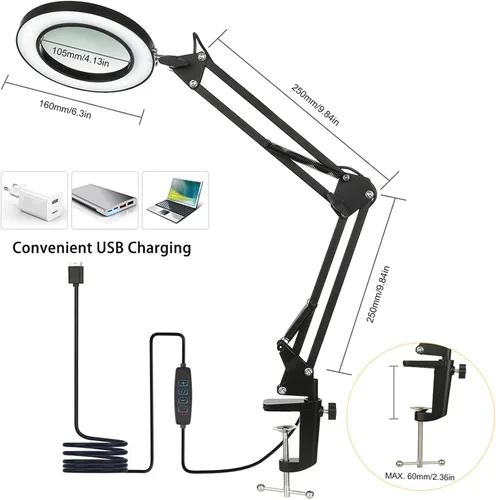Vista 2 de Lámpara de aumento con abrazadera, 8 lámparas de lupa, 3 colores y 10 brillantes, lámpara LED de lupa ajustable de 19 pulgadas, lámpara de brazo