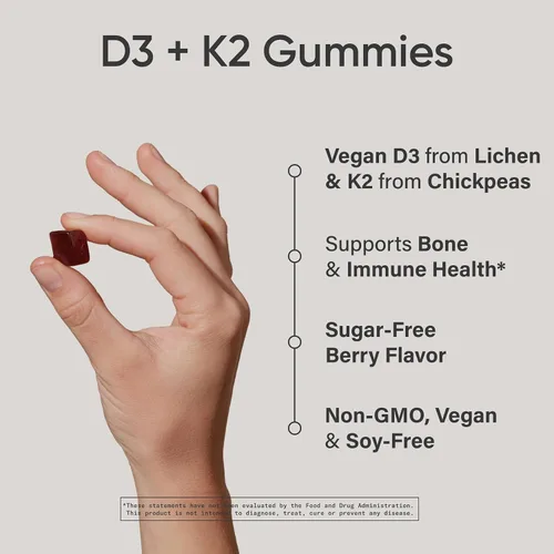 Vista 2 de Sports Research® Suplementos de gomitas veganas de vitamina D3 + K2 - 5000iu Vitamina D con 100 mcg de vitamina K Mk7 - Apoya la salud ósea e