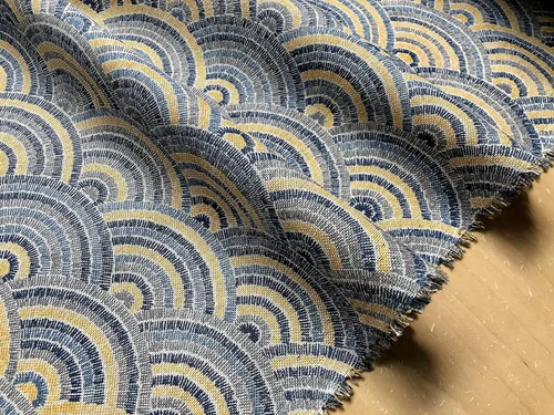 Vista 2 de Rainbow Fan Art Deco - Tela de damasco con abanico de pavo real, muebles, cortinas, material de tapicería, 55 pulgadas de ancho, azul y mostaza
