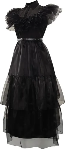 Vista 4 de Beita Wednesday Addams - Disfraz de niña para niños, disfraz de la familia Addams, vestido de fiesta para Halloween