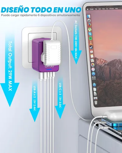 Vista 2 de Adaptador de viaje universal con 3 puertos USB-C + 2 puertos USB-A de carga rápida de 30 W, salida de CA de 2500 W, adaptador de corriente 3 USB