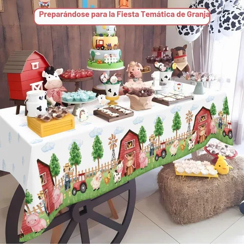 Vista 2 de Mantel rectangular de plástico de 3 piezas de 54 x 108 pulgadas, suministros de fiesta de cumpleaños de granero, decoración para baby shower, niños