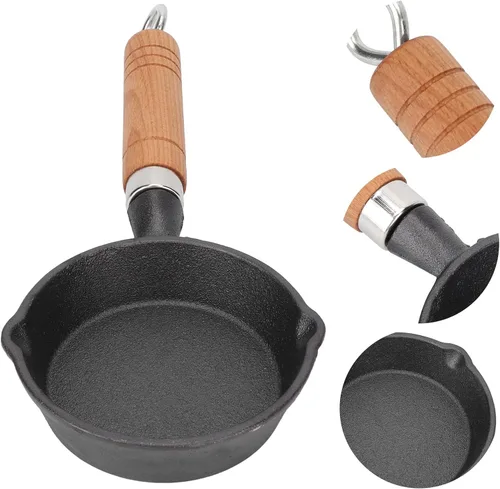 Vista 7 de Fdit Sartén, sartén de hierro fundido de 3.9 in con mango de madera, sartén para huevos, mini sartén para panqueques de fondo plano, utensilios