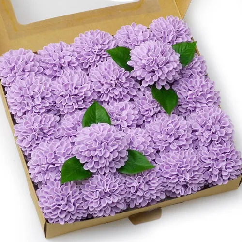 Vista 12 de Flores de dalia de imitación para boda, 25 rosas rosadas con tallos para decoración de boda, centro de mesa, arreglo de ramo (rubor)