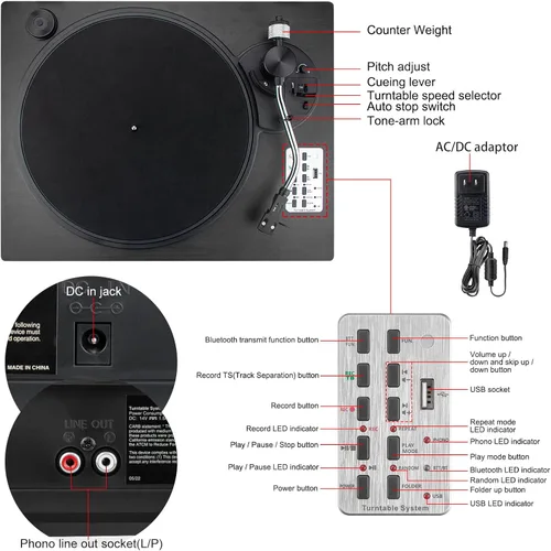 Vista 6 de Tocadiscos de vinilo, tocadiscos de 3 velocidades con Bluetooth incorporados, reproductor de discos de vinilo USB de grabación directa MP3
