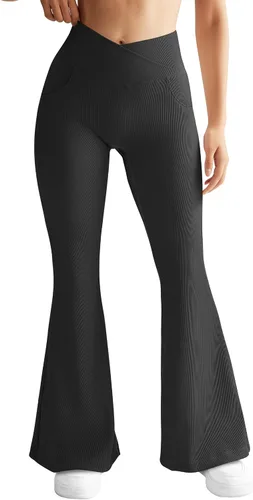 Vista 5 de RUUHEE Pantalones de yoga cruzados acanalados para mujer con bolsillos, cintura alta, acampanados, leggings acampanados