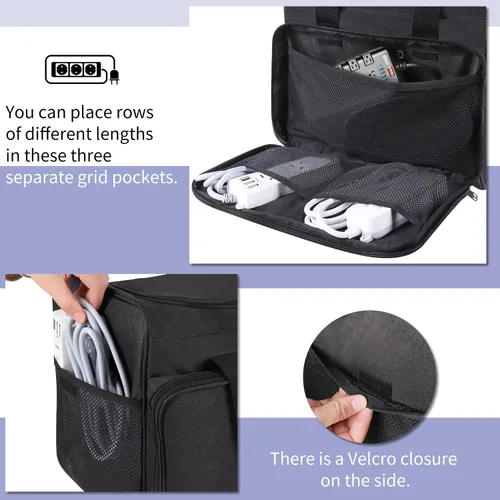 Vista 2 de Bolsa organizadora de cables, caja organizadora de cables, bolsa de almacenamiento de cables electrónicos con divisor ajustable, bolsa