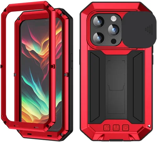 Vista 16 de FW - Funda de metal compatible con iPhone 15 Pro con cubierta deslizante para cámara deslizante, protector de pantalla integrado, funda híbrida