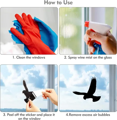 Vista 6 de Adhesivos para ventanas con forma de pájaro negro grande anticolisión, evita golpes de pájaros, salva, protege a los pájaros, calcomanías de ventana