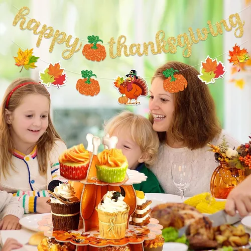 Vista 2 de Pancarta de decoración de Acción de Gracias con purpurina para decoración de Acción de Gracias, pavo y calabaza para interiores y exteriores