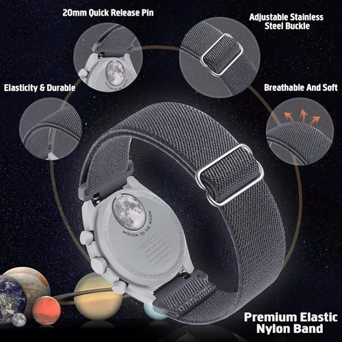 Vista 7 de Correa de nailon elástica de 0.787 pulgadas compatible con Omega X Swatch Moonswatch Speedmaster para mujeres y hombres, correa de reloj elástica