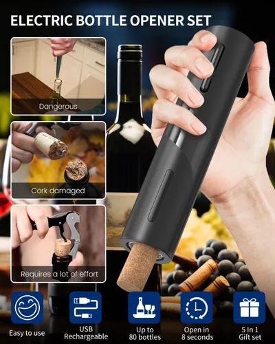 Vista 2 de Juego de abridor eléctrico de botellas de vino CIRCLE JOY - Sacacorchos recargable inalámbrico, juego de regalo con base de carga, cortador de papel
