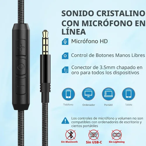 Vista 5 de AC01 auriculares de diadema con cable, auriculares pasivos con aislamiento de ruido, auriculares estéreo con cable con micrófono y control