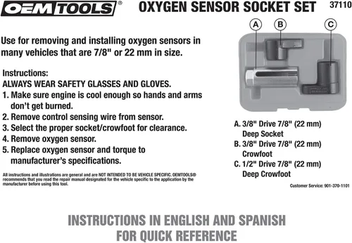 Vista 5 de OEMTOOLS 37110 Juego de enchufes para sensor de oxígeno, juego de llaves para sensor O2 de 3 piezas con estuche, herramientas de enchufe de sensor