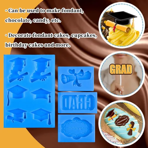 Vista 4 de Whaline Paquete de 4 moldes de silicona para fondant de graduación 2026, molde de diploma de felicitaciones, felicitaciones, dulces, chocolate