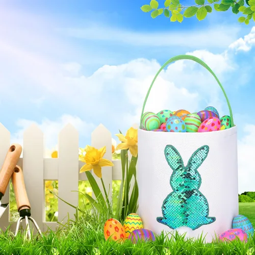 Vista 5 de Cestas de Pascua para niños – Cestas de caza de huevos de Pascua para niños y niñas, bonita cesta de regalo de lona impresa de conejo de lentejuelas