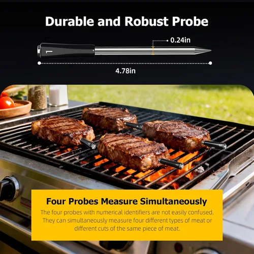 Vista 3 de Termómetro inalámbrico de carne con control de aplicación, 4 sondas termómetro de carne digital, rango ilimitado WiFi y Bluetooth termómetro