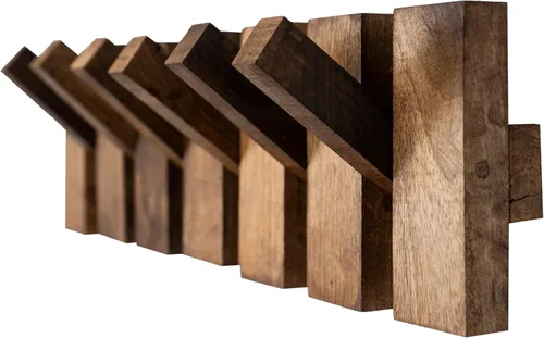 Vista 6 de Perchero hecho a mano de madera de nogal maciza – Ganchos abatibles montados en la pared para chaquetas, sombreros, toallas y bolsas – Organizador