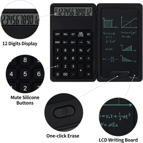Vista 3 de Calculadora básica portátil de escritorio, mini calculadoras pequeñas con bloc de notas de escritura y lápiz capacitivo, más ligera y portátil, Negro