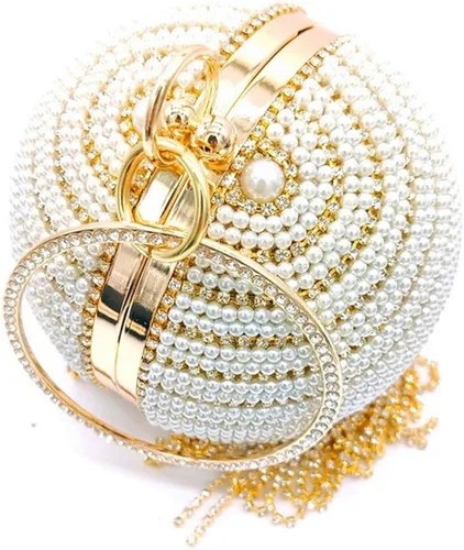 Vista 4 de QZUnique Bolso de mano redondo con borla de cristal y perlas asa redonda para boda bolso de hombro
