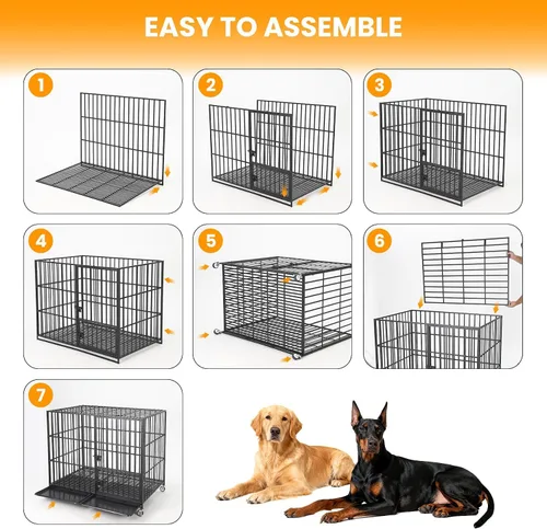 Vista 7 de Jaula para perros a prueba de alta resistencia – Perrera de metal XL con 3 puertas, bandeja extraíble y ruedas, jaula para perros