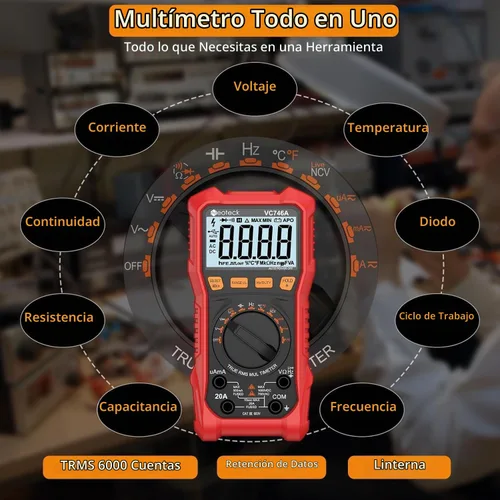 Vista 5 de Neoteck Multímetro digital TRMS de 6000Counts para 750VDC 1000VAC AC/DC Rojo