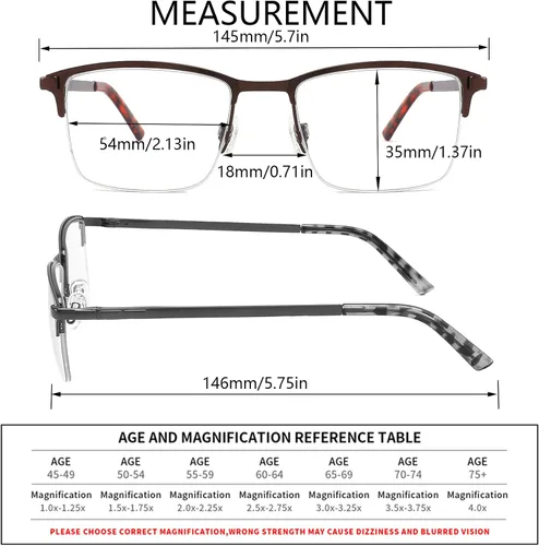 Vista 2 de 3-Pack Reading Glasses for Men Blue Light Blocking Fashion Metal Half Wide Frame Readers Semi Rimless Eyeglasses