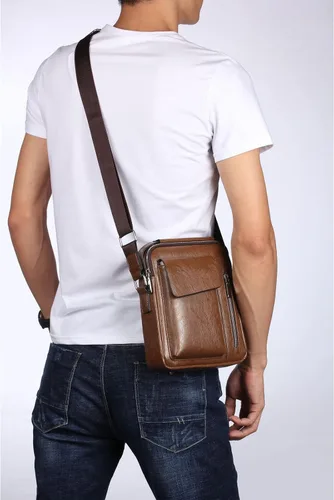 Vista 6 de MNODWLOF Bolso bandolera pequeño de cuero para hombre, bolso cruzado para trabajo, negocios, viajes, al aire libre, senderismo, correa ajustable