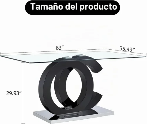 Vista 2 de Ebullient Mesa de comedor de vidrio de 63 pulgadas, mesa de cocina rectangular de vidrio con base de diseño OC negro, mesa de comedor con parte