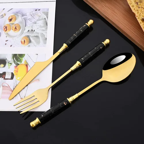 Vista 8 de JASHII Fancy Silverware - Juego de cubiertos de acero inoxidable dorado, juego de cubiertos de espejo, cuchillo y tenedor, cuchara, cucharadita