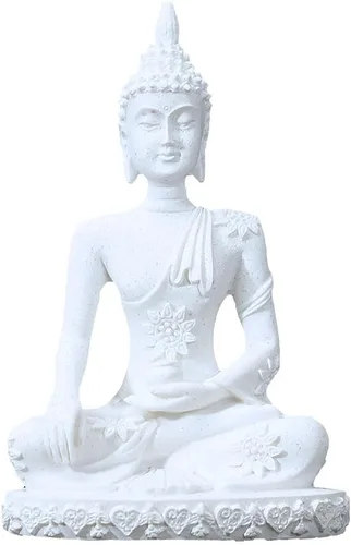 Vista 8 de Estatua armoniosa de meditación de yoga de Buda blanca, escultura coleccionable de piedra arenisca artesanal, decoración de escultura de Feng Shui