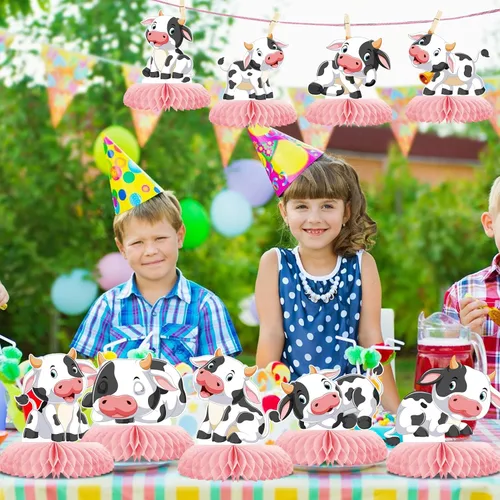 Vista 5 de 9 piezas de centro de mesa de nido de abeja de vaca rosa, animales de granja, vaca, nido de abeja rosa, fiesta temática de panal de abeja 3D