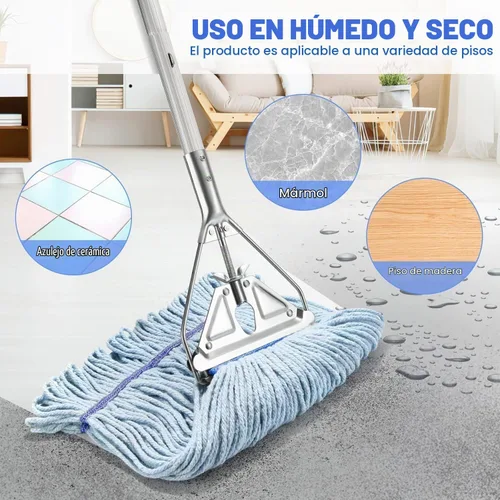 Vista 3 de Trapeador de Cuerda Resistente para Limpieza de Pisos - Trapeador Húmedo Industrial Comercial con Mango de 59 Pulgadas para Limpieza de Hogar
