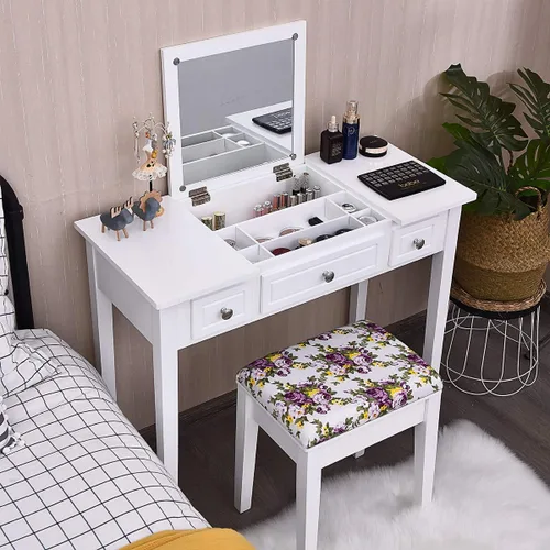 Vista 10 de CHARMAID Mesa de tocador con espejo abatible y taburete, mesa de maquillaje de madera escritorio con cajón, compartimento de almacenamiento, juego