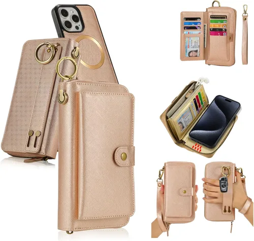 Vista 10 de LITOU Funda compatible con iPhone 15 Plus para mujeres y hombres, funda de piel con cierre de pulseras, tarjetero con bloqueo RFID, funda magnética
