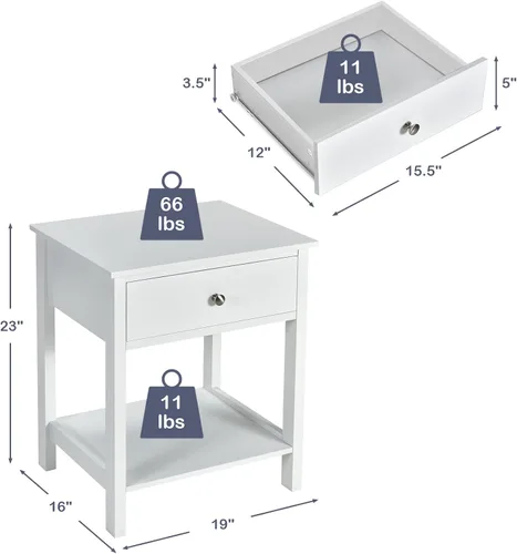 Vista 3 de COSTWAY 2PCS Mesita de noche con cajón Estante de almacenamiento de madera Mesita de noche Sofá Mesa auxiliar Blanco