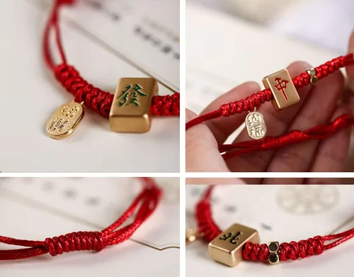 Vista 5 de TUTOUD Pulseras con dije Mahjong de cuerda roja Hongzhong, Facai, pulsera con colgante de pizarra blanca, ajustable, regalo para adultos