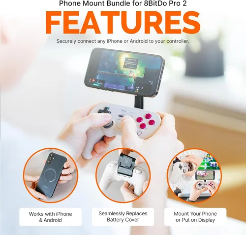 Vista 2 de Mechanism Phone Mount Controller Bundle for 8Bitdo Pro 2 Wireless Controller Easily Connect Any iPhone or Android Device Using Our Ultra Secure