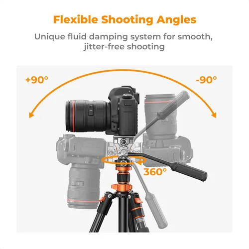 Vista 5 de K&F CONCEPT Trípode de video de cámara de 83 pulgadas para DSLR, trípode de aluminio compacto con cabezal fluido panorámico de 360° para viajes