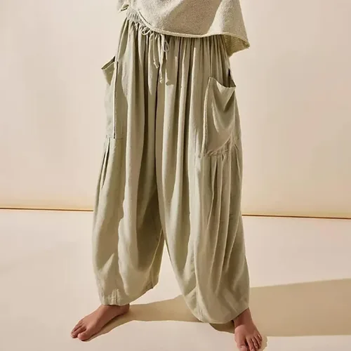 Vista 4 de Quinn - Pantalones de lino para mujer, talla grande, de pierna ancha, con bolsillos, holgados, hippie, harén, bohemios, para playa