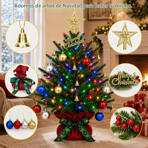 Vista 3 de Pooqla Mini árbol de Navidad iluminado RGB, árbol de Navidad LED de mesa que cambia de color con control remoto, 28 colores, 80 luces LED, árbol